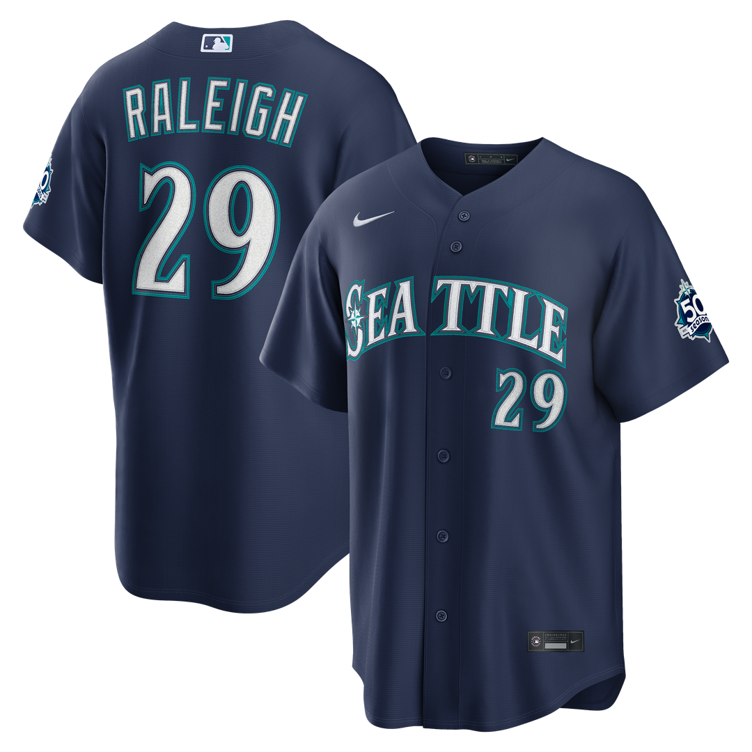 Cal Raleigh Seattle Mariners Nike  Road Stadium 50th Season Patch Jersey - Navy