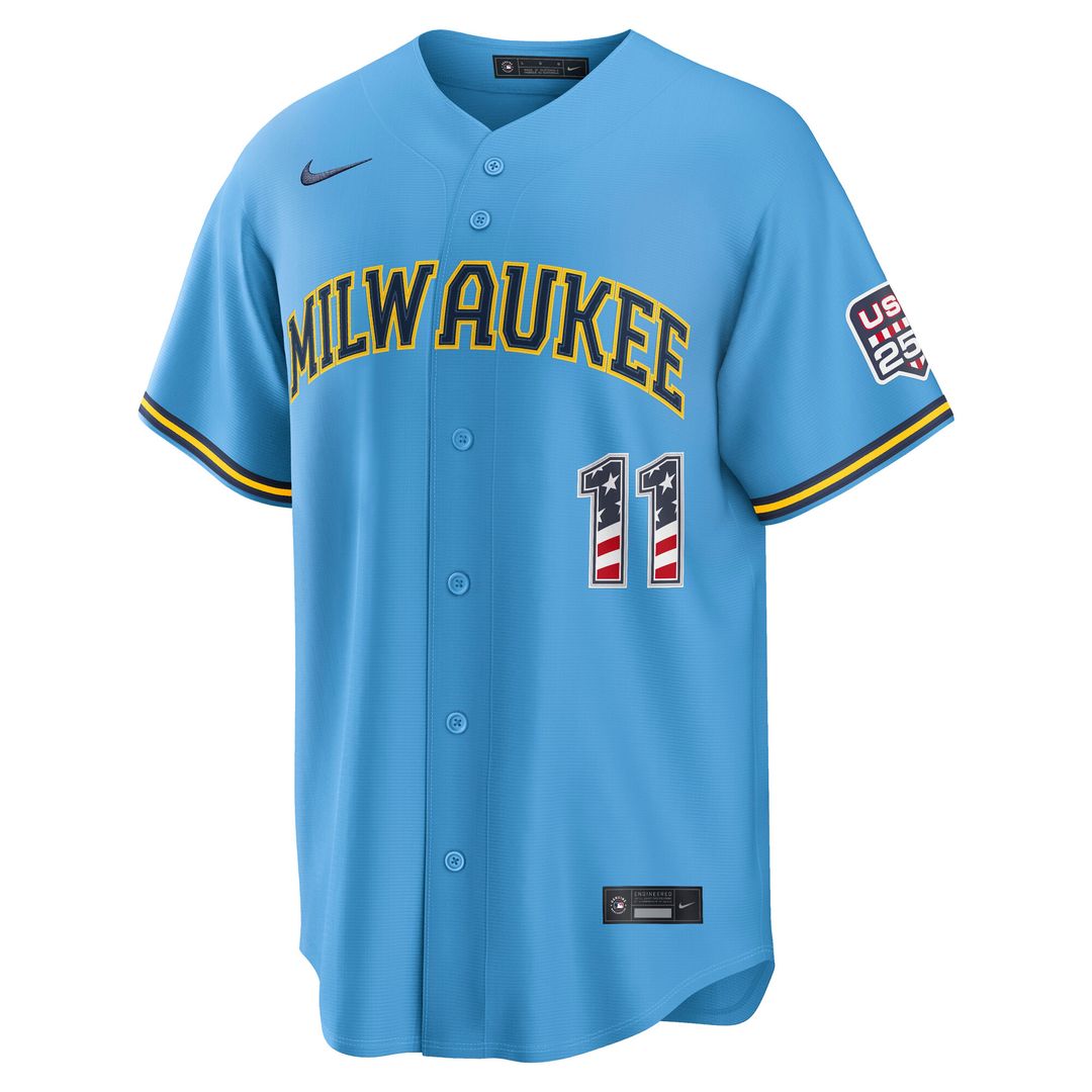 Jackson Chourio Milwaukee Brewers Nike USA 250 Fourth of July Road Stadium Jersey - Light Blue