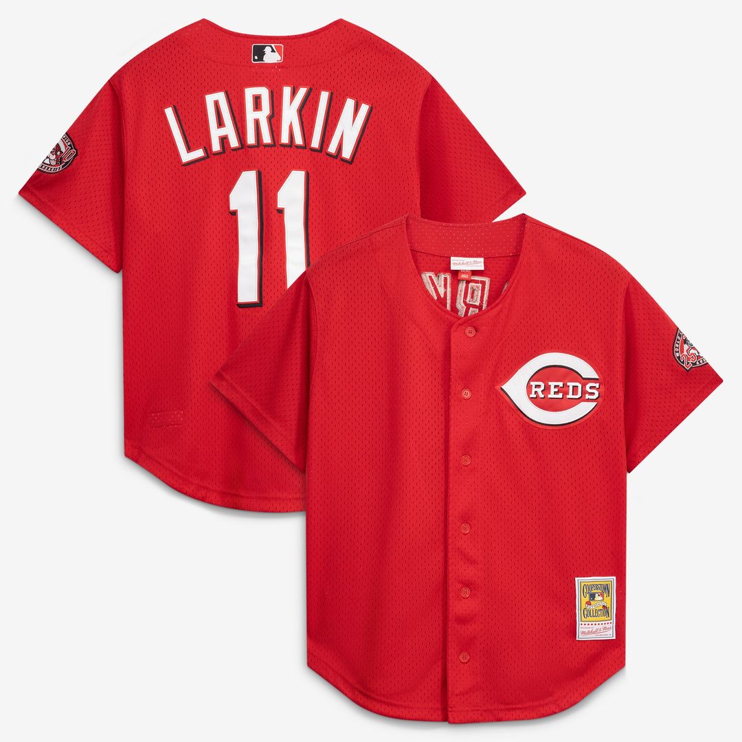 Barry Larkin Cincinnati Reds Mitchell & Ness Cooperstown Collection Mesh Batting Practice Button-Up Jersey - Black