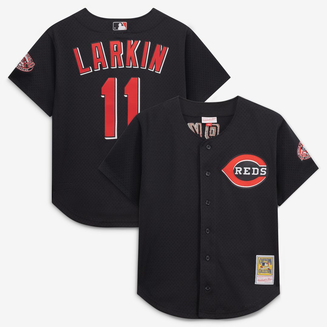 Barry Larkin Cincinnati Reds Mitchell & Ness Cooperstown Collection Mesh Batting Practice Button-Up Jersey - Black