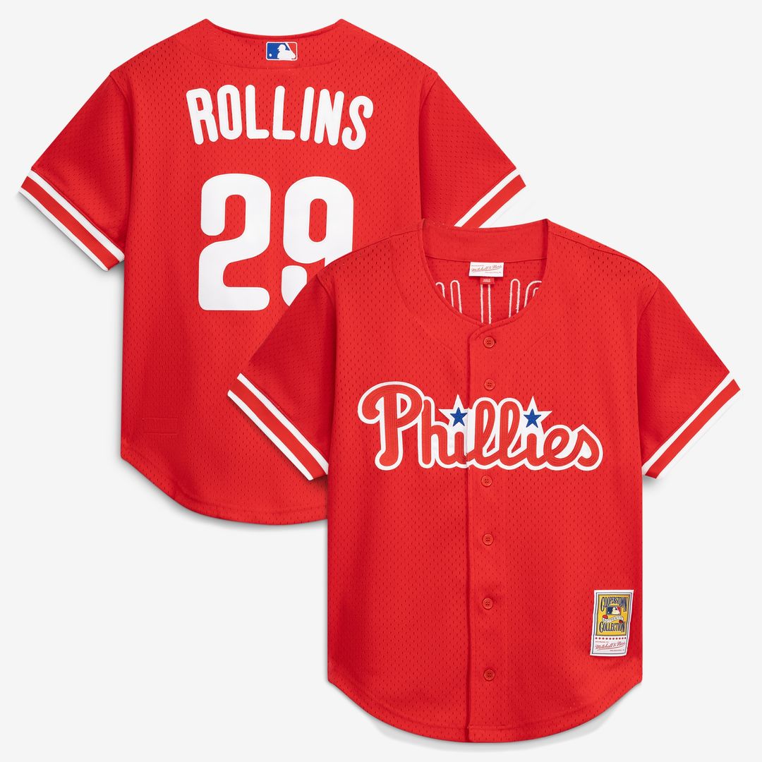 Jimmy Rollins Philadelphia Phillies Mitchell & Ness Cooperstown Mesh Batting Practice Button-Up Jersey - Red