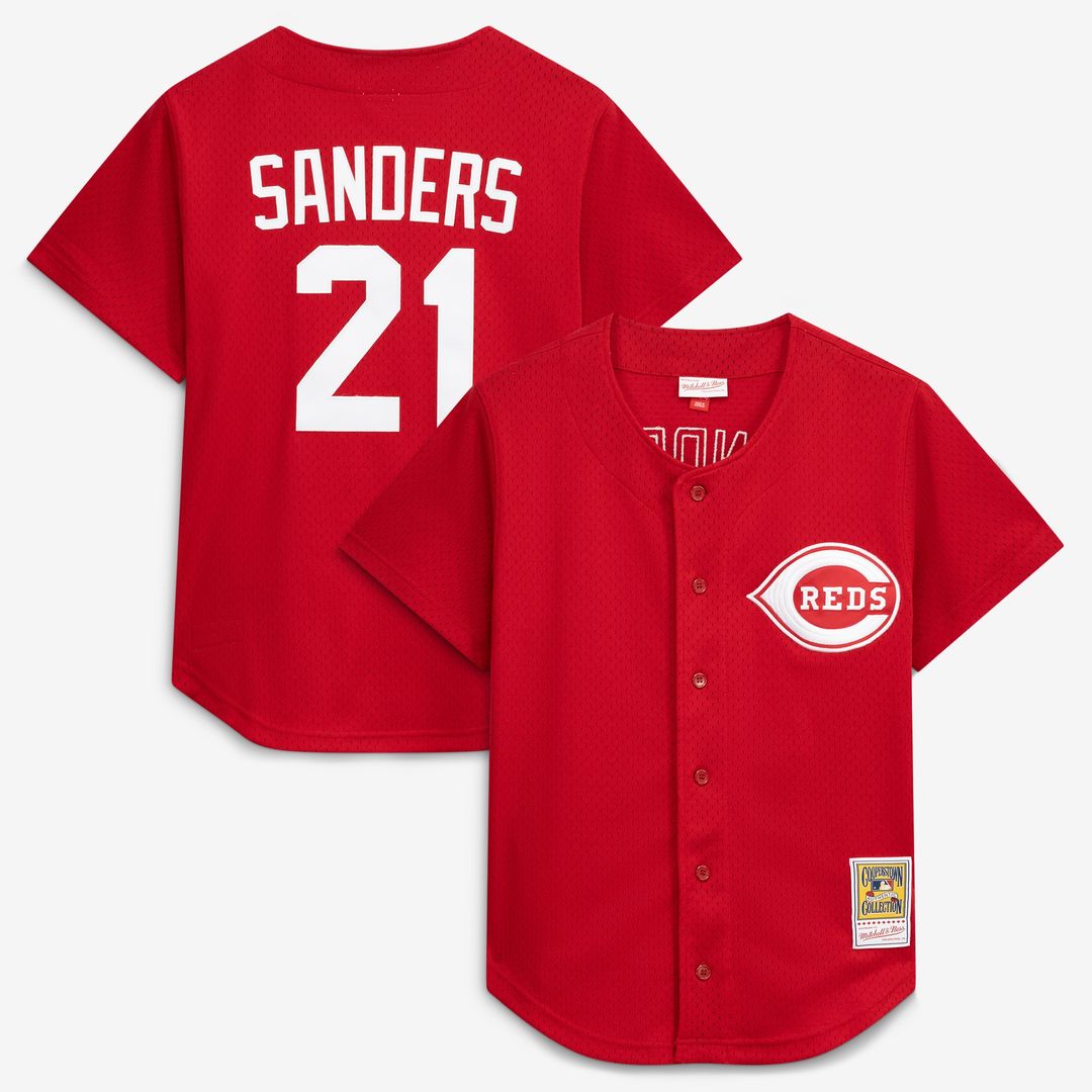 Deion Sanders Cincinnati Reds Mitchell & Ness Cooperstown Mesh Batting Practice Button-Up Jersey - Red