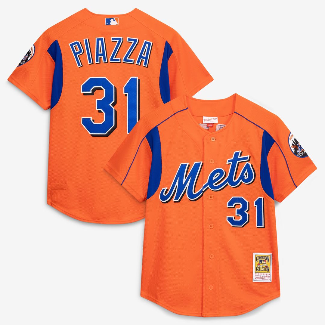 Mike Piazza New York Mets Mitchell & Ness Cooperstown Collection Mesh Batting Practice Button-Up Jersey - Orange