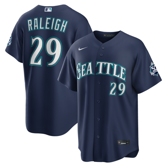 Cal Raleigh Seattle Mariners Nike  Road Stadium 50th Season Patch Jersey - Navy