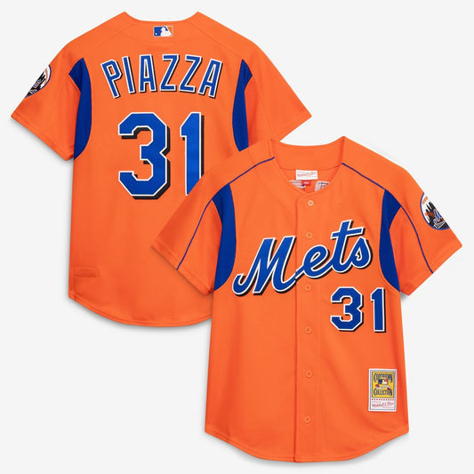 Mike Piazza New York Mets Mitchell & Ness Cooperstown Collection Mesh Batting Practice Button-Up Jersey - Orange
