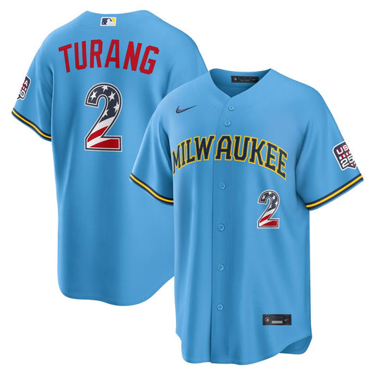 Brice Turang Milwaukee Brewers Nike USA 250 Fourth of July Road Stadium Jersey - Light Blue